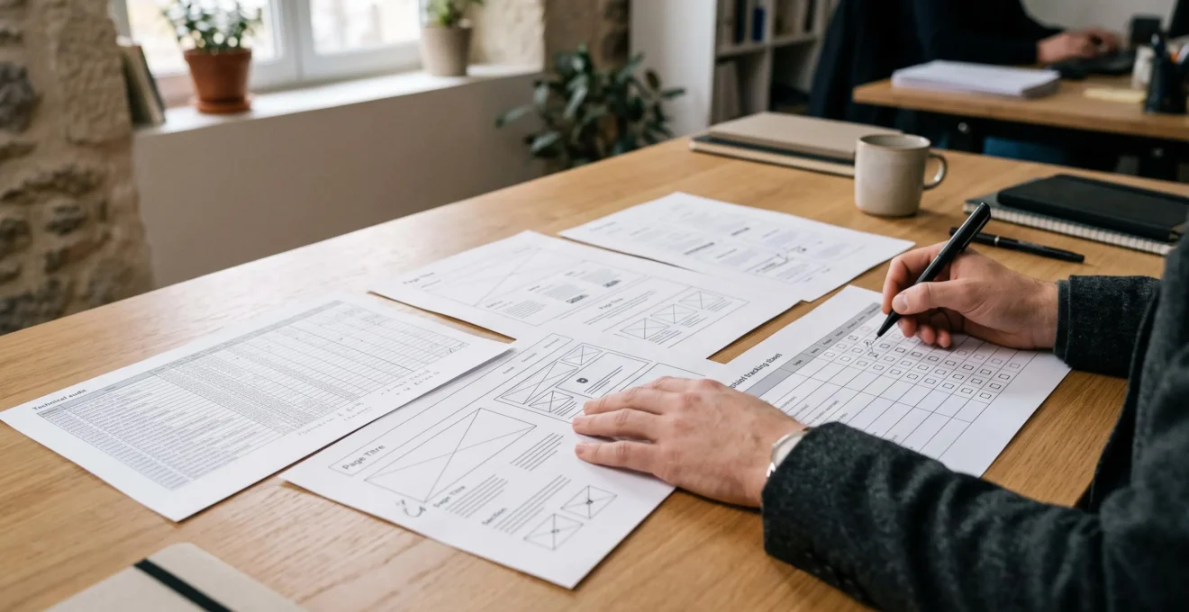 Table de travail montrant des documents d’audit, des contenus et un tableau de suivi éditorial non chiffré