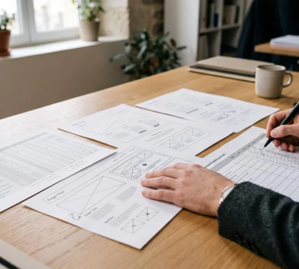 Table de travail montrant des documents d’audit, des contenus et un tableau de suivi éditorial non chiffré